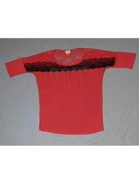 Daytrip Y2K Short Sleeve Shirt Womens Size Small Pink And Black Rhinestone Lace